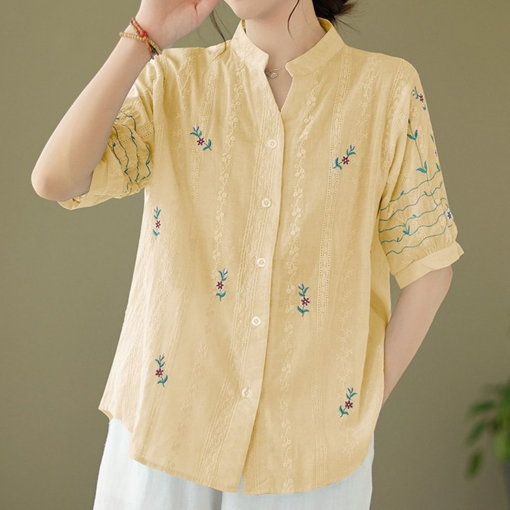 Cotton Linen Embroidered Blouses for Women, Linen Blouse Women Split Neck